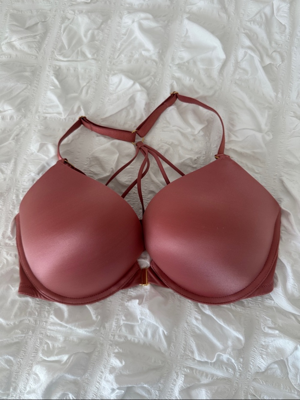 Victoria’s Secret Mauve Strappy Plunge Bra with Gold Accent